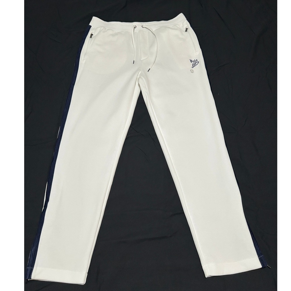 Polo Ralph Lauren Mens XL White Pique Track Pants Navy Side Stripe Ankle Zip New